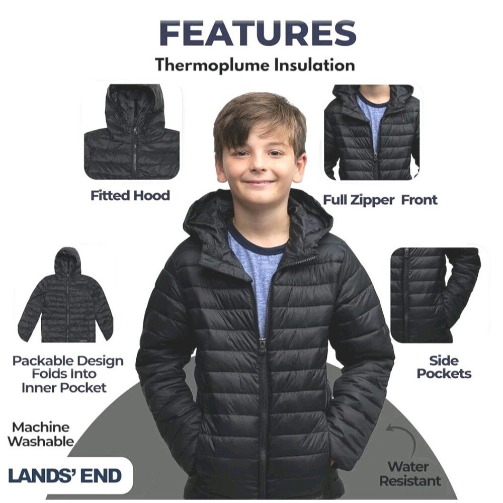 Lands' End Kids Size XL (14-16) Hooded Down & Feathers Puffer Jacket Coat Black